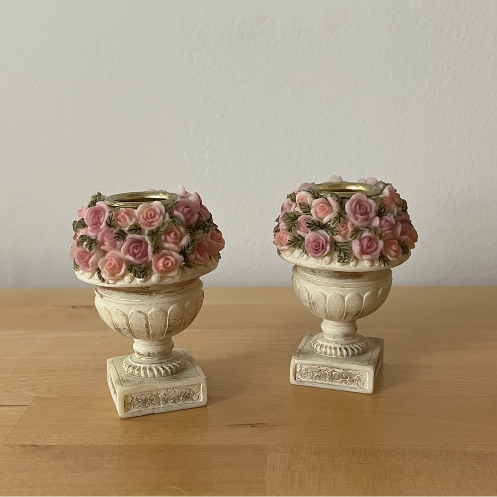 Set of 2 Vintage Rose Pedestal Urn Candlestick Holders | Vintage Home Decor